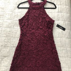 LULUS Love Poem Burgundy Lace Mini Dress